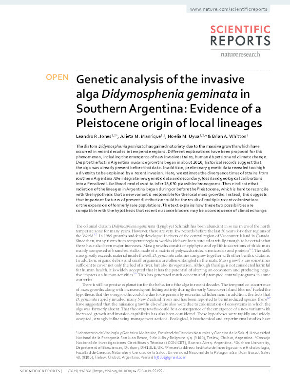 Genetic analysis of the invasive alga Didymosphenia geminata in Southern Argentina: Evidence of a Pleistocene origin of local lineages Thumbnail