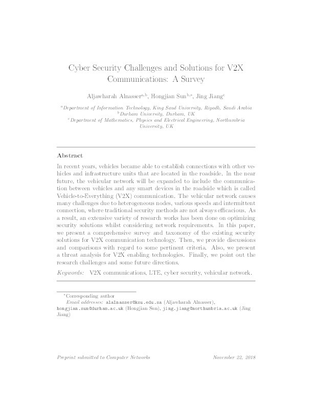Cyber Security Challenges and Solutions for V2X Communications: A Survey Thumbnail