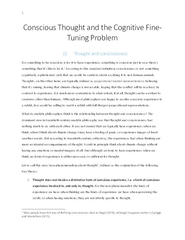 Conscious thought and the cognitive fine-tuning problem Thumbnail