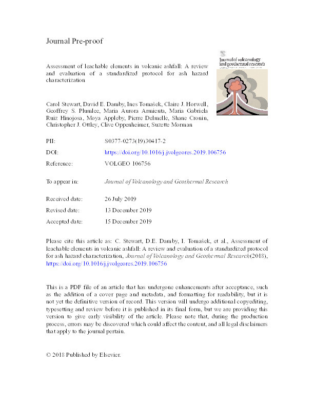 Assessment of leachable elements in volcanic ashfall: A review and evaluation of a standardized protocol for ash hazard characterization Thumbnail