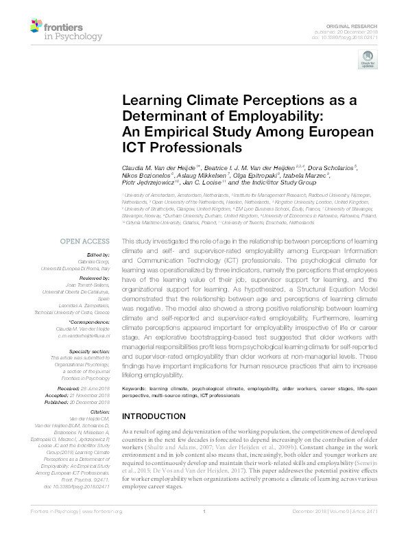 Learning Climate Perceptions as a Determinant of Employability: An Empirical Study Among European ICT Professionals Thumbnail