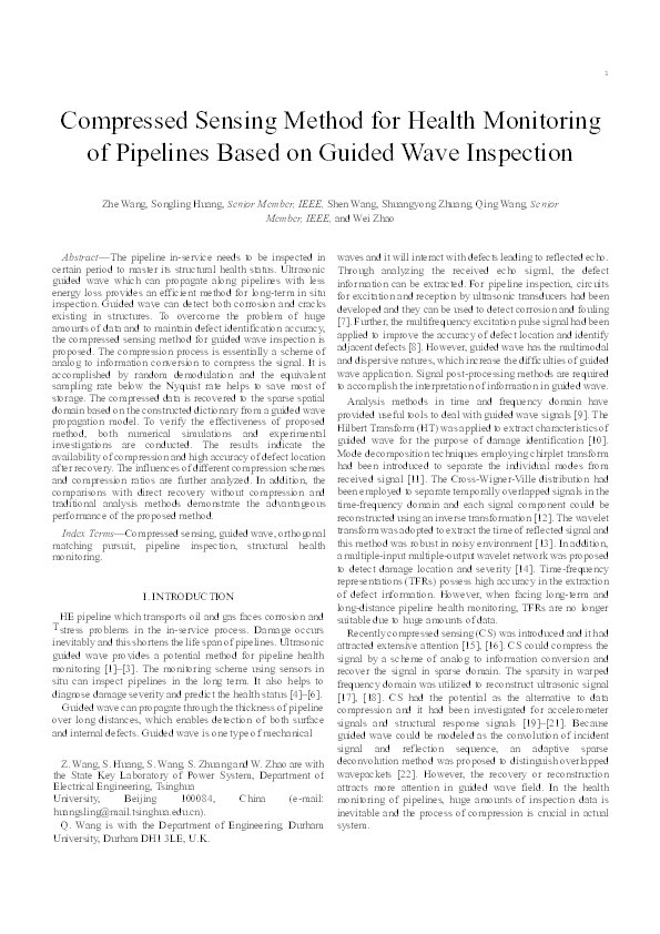 Compressed Sensing Method for Health Monitoring of Pipelines Based on Guided Wave Inspection Thumbnail