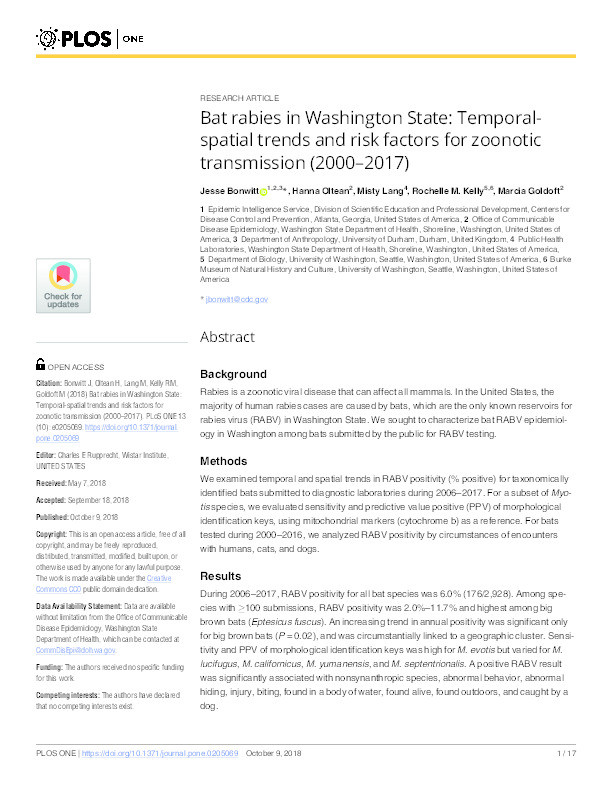 Bat rabies in Washington State: Temporal-spatial trends and risk factors for zoonotic transmission (2000–2017) Thumbnail