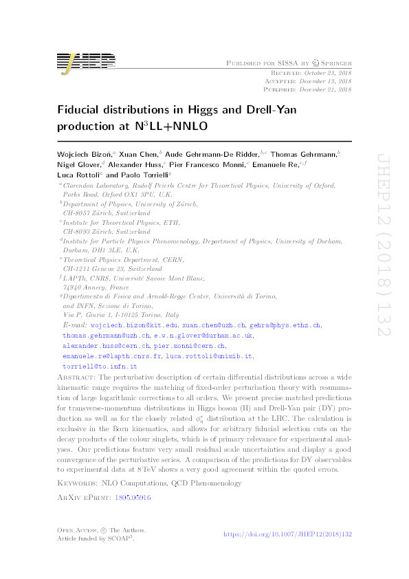 Fiducial distributions in Higgs and Drell-Yan production at N3LL+NNLO Thumbnail