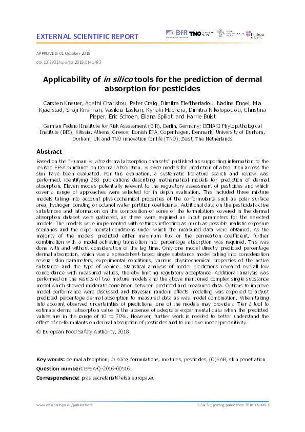 Applicability of in silico tools for the prediction of dermal absorption for pesticides Thumbnail