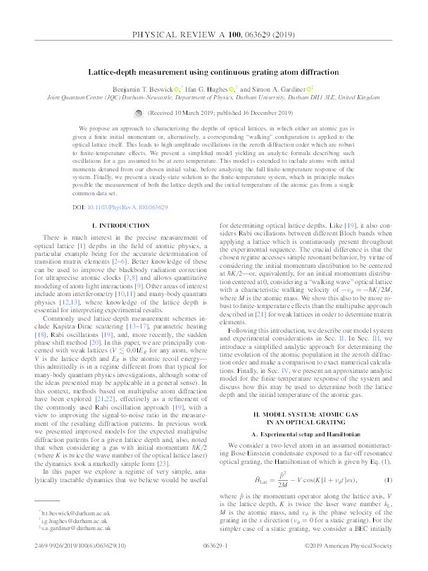 Lattice-depth measurement using continuous grating atom diffraction Thumbnail