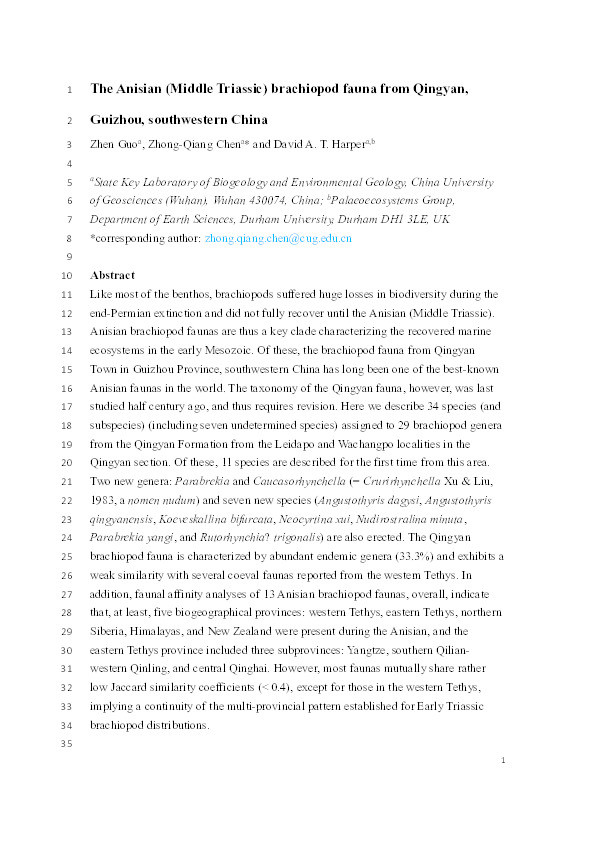 The Anisian (Middle Triassic) brachiopod fauna from Qingyan, Guizhou, south-western China Thumbnail