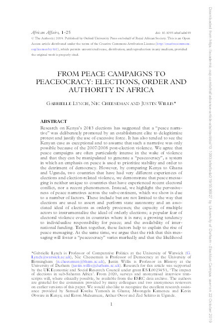 From peace campaigns to peaceocracy: elections, order and authority in Africa Thumbnail