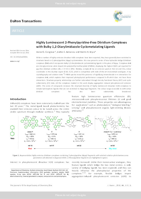 Highly luminescent 2-phenylpyridine-free diiridium complexes with bulky 1,2-diarylimidazole cyclometalating ligands Thumbnail