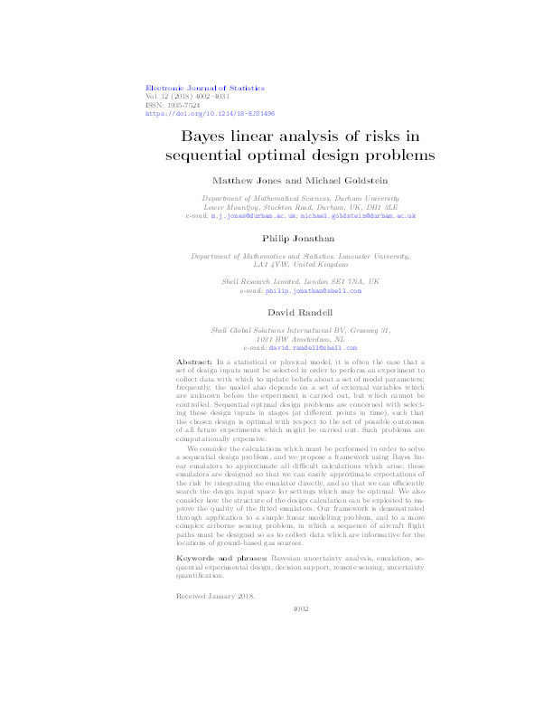 Bayes linear analysis of risks in sequential optimal design problems Thumbnail