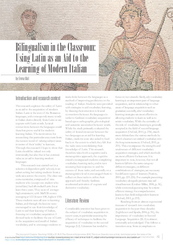 Bilingualism in the Classroom: Using Latin as an Aid to the Learning of Modern Italian Thumbnail