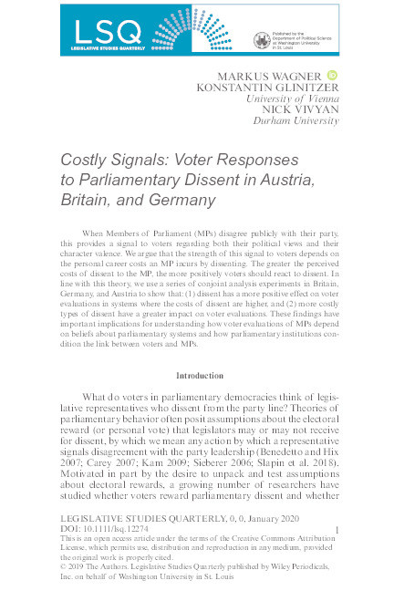 Costly signals: Voter responses to parliamentary dissent in Austria, Britain and Germany Thumbnail