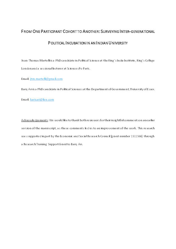 From one participant cohort to another: Surveying inter-generational political incubation in an Indian University Thumbnail