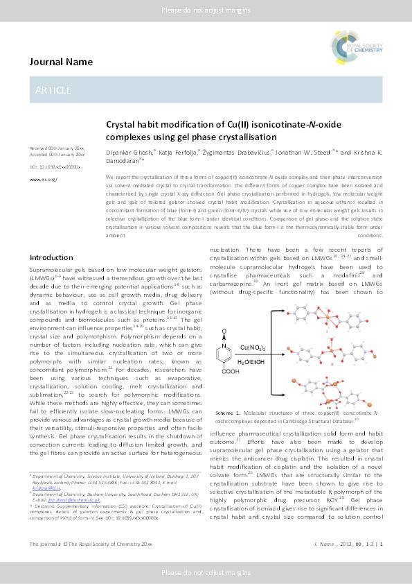 Crystal habit modification of Cu(ii) isonicotinate–N-oxide complexes using gel phase crystallisation Thumbnail