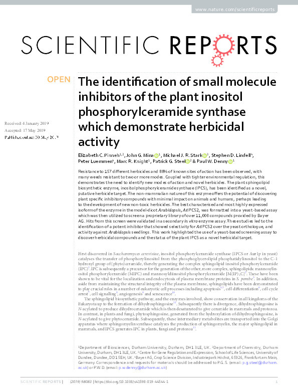 The identification of small molecule inhibitors of the plant inositol phosphorylceramide synthase which demonstrate herbicidal activity Thumbnail