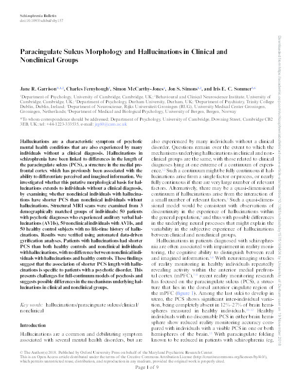 Paracingulate sulcus morphology and hallucinations in clinical and nonclinical groups Thumbnail