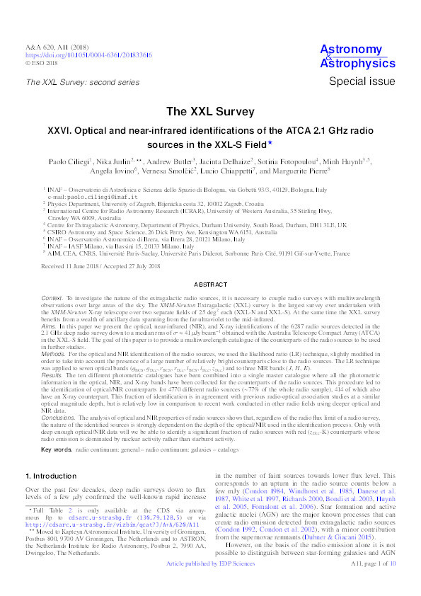 The XXL Survey: XXVI. Optical and near-infrared identifications of the ATCA 2.1 GHz radio sources in the XXL-S Field Thumbnail
