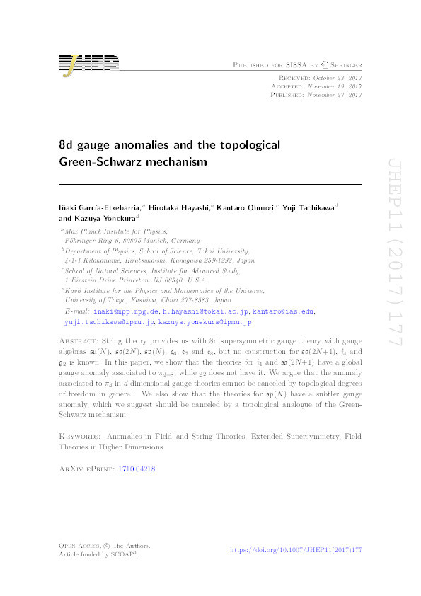 8d gauge anomalies and the topological Green-Schwarz mechanism Thumbnail