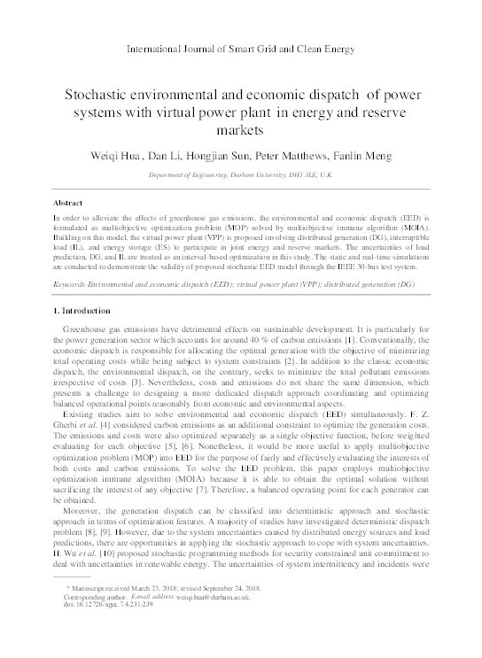 Stochastic environmental and economic dispatch of power systems with virtual power plant in energy and reserve markets Thumbnail