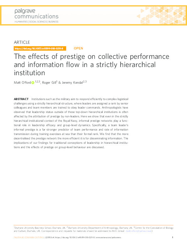 The Effects of Prestige on Collective Performance and Information Flow in a Strictly Hierarchical Institution Thumbnail