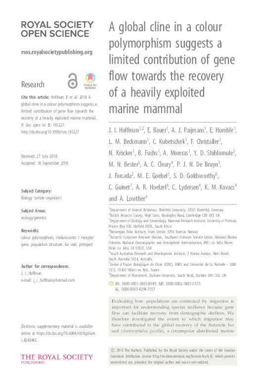 A global cline in a colour polymorphism suggests a limited contribution of gene flow towards the recovery of a heavily exploited marine mammal Thumbnail