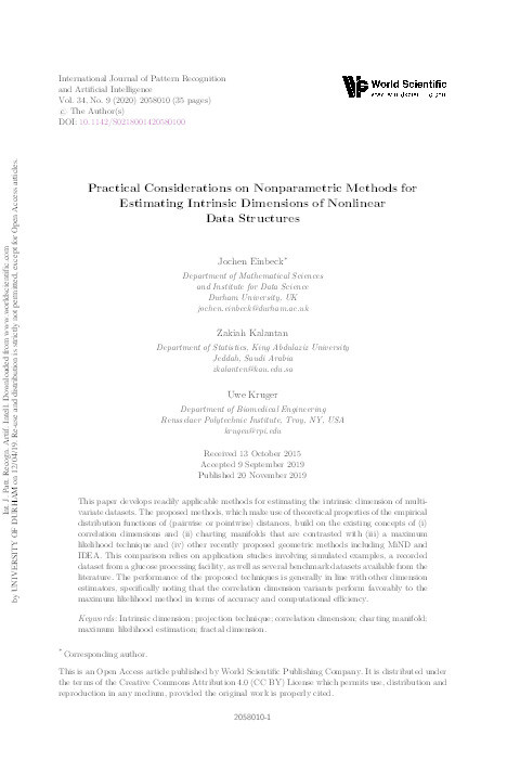 Practical Considerations on Nonparametric Methods for Estimating Intrinsic Dimensions of Nonlinear Data Structures Thumbnail