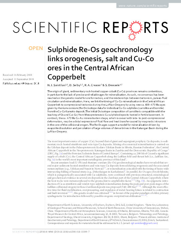 Sulphide Re-Os geochronology links orogenesis, salt and Cu-Co ores in the Central African Copperbelt Thumbnail
