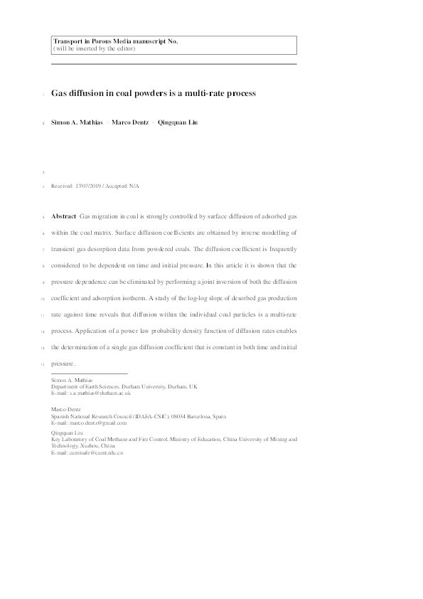 Gas diffusion in coal powders is a multi-rate process Thumbnail