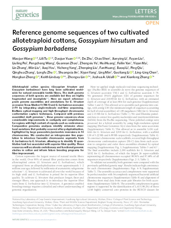 Reference genome sequences of two cultivated allotetraploid cottons, Gossypium hirsutum and Gossypium barbadense Thumbnail