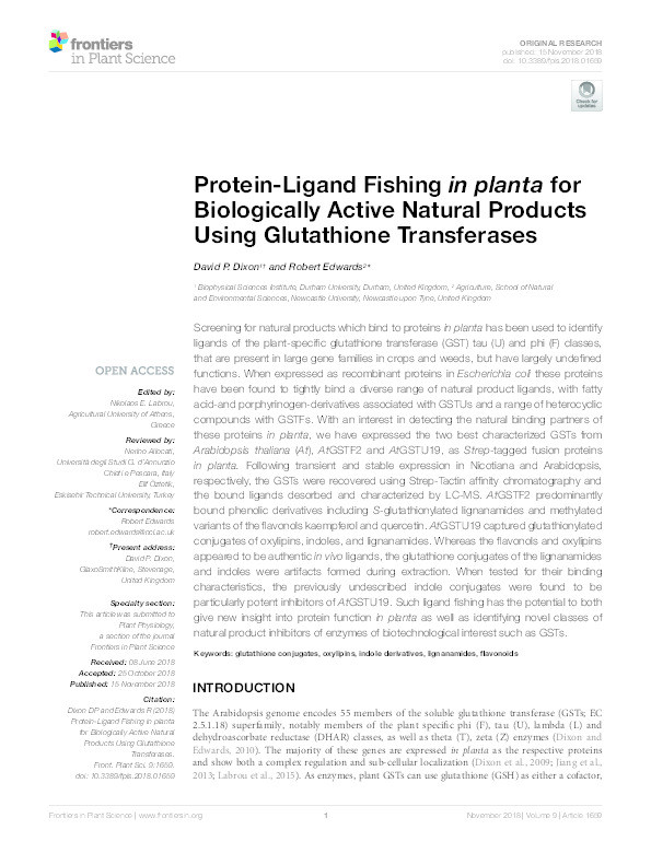 Protein-Ligand Fishing in planta for Biologically Active Natural Products Using Glutathione Transferases Thumbnail