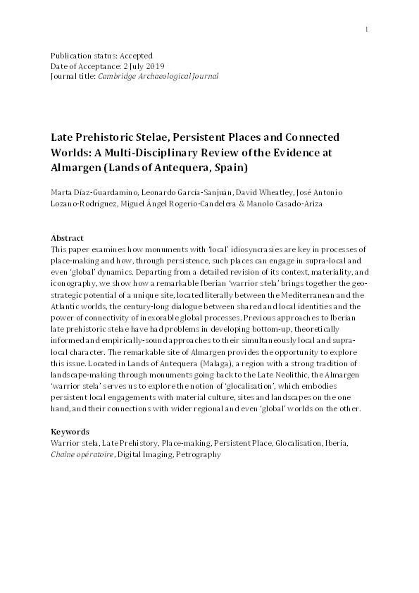 Late Prehistoric Stelae, Persistent Places and Connected Worlds: A Multi-Disciplinary Review of the Evidence at Almargen (Lands of Antequera, Spain) Thumbnail