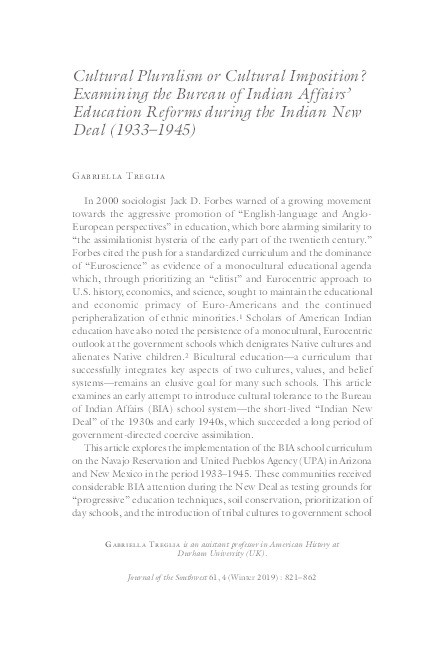 Cultural pluralism or cultural imposition? Examining the Bureau of Indian Affairs' education reforms during the Indian New Deal (1933-1945) Thumbnail