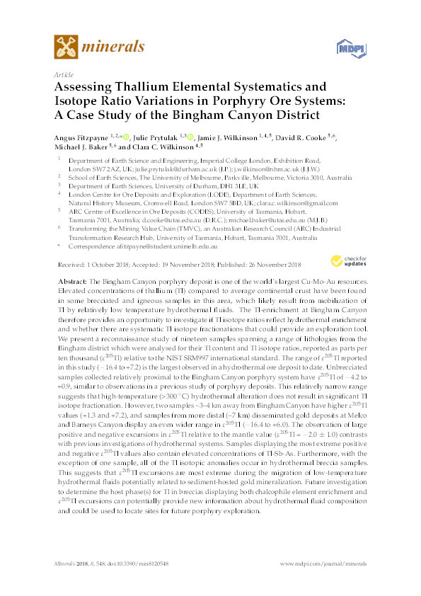 Assessing Thallium Elemental Systematics and Isotope Ratio Variations in Porphyry Ore Systems: A Case Study of the Bingham Canyon District Thumbnail