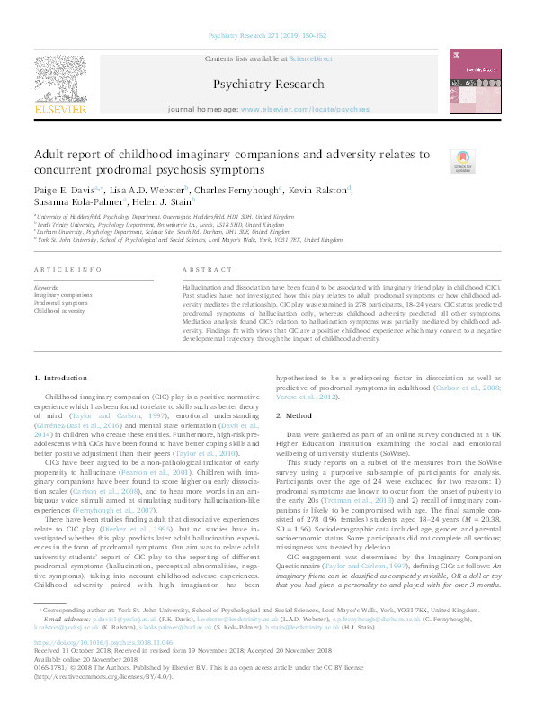 Adult report of childhood imaginary companions and adversity relates to concurrent prodromal psychosis symptoms Thumbnail