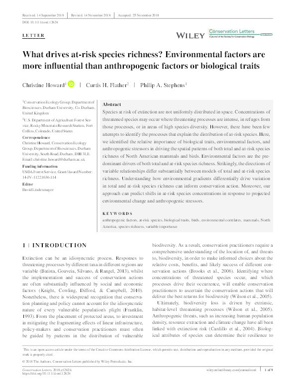 What drives at-risk species richness? Environmental factors are more influential than anthropogenic factors or biological traits Thumbnail