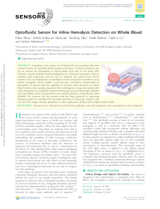 Optofluidic Sensor for Inline Hemolysis Detection on Whole Blood Thumbnail