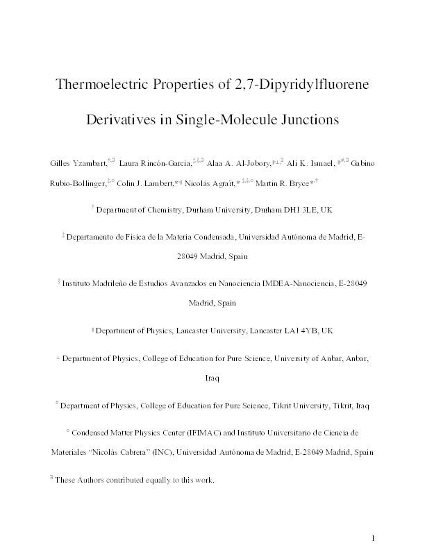 Thermoelectric Properties of 2,7-Dipyridylfluorene Derivatives in Single-Molecule Junctions Thumbnail