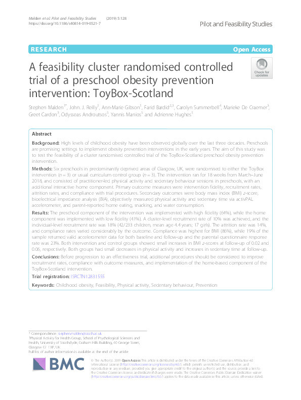A feasibility cluster randomised controlled trial of a preschool obesity prevention intervention: ToyBox-Scotland Thumbnail