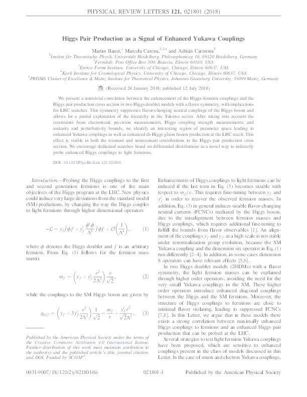 Higgs Pair Production as a Signal of Enhanced Yukawa Couplings Thumbnail