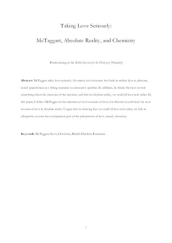 Taking love seriously: McTaggart, absolute reality and chemistry Thumbnail