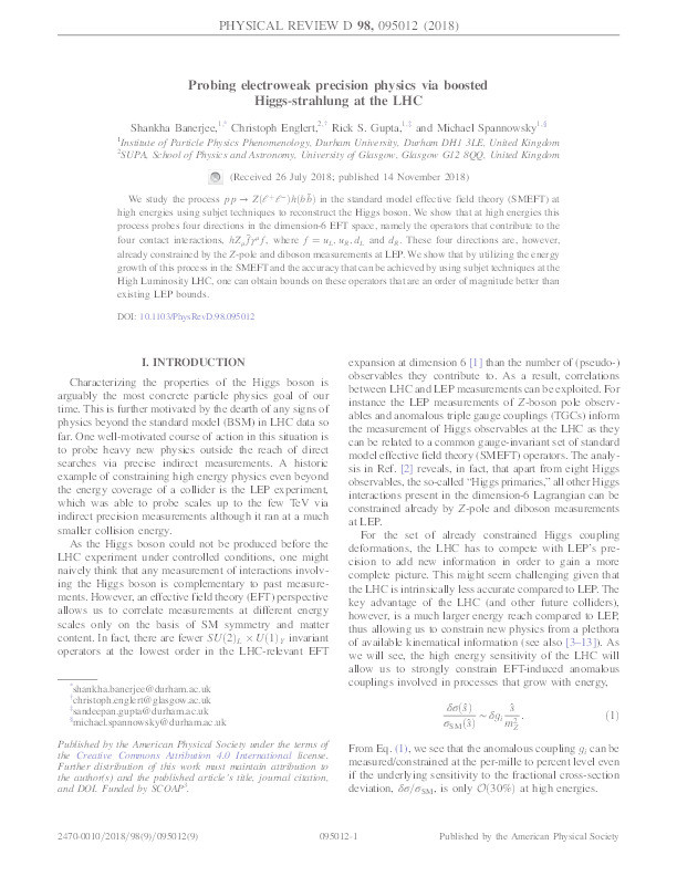 Probing electroweak precision physics via boosted Higgs-strahlung at the LHC Thumbnail