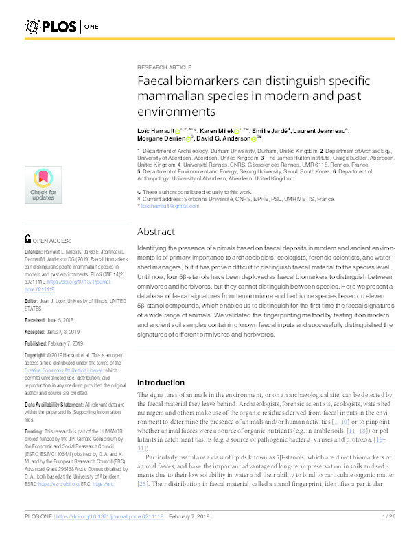 Faecal biomarkers can distinguish specific mammalian species in modern and past environments Thumbnail