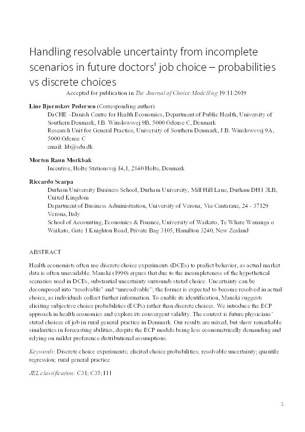 Handling resolvable uncertainty from incomplete scenarios in future doctors' job choice – probabilities vs discrete choices Thumbnail