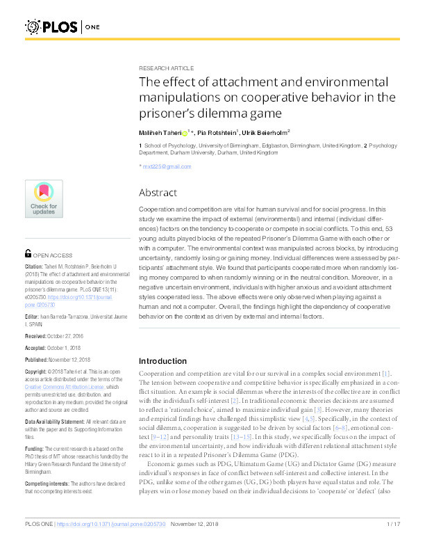 The effect of attachment and environmental manipulations on cooperative behavior in the prisoner’s dilemma game Thumbnail