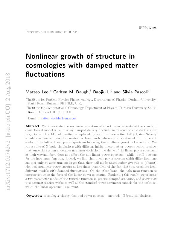 Nonlinear growth of structure in cosmologies with damped matter fluctuations Thumbnail
