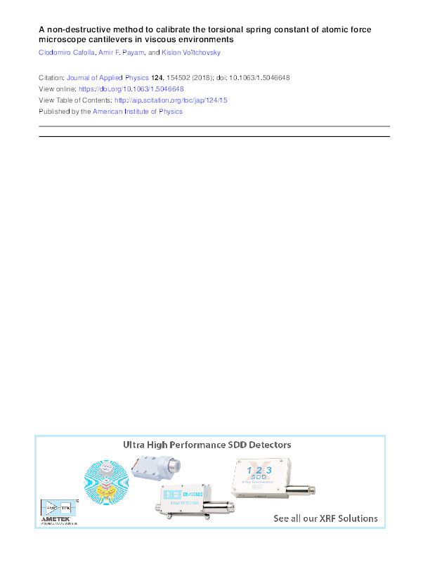 A non-destructive method to calibrate the torsional spring constant of atomic force microscope cantilevers in viscous environments Thumbnail