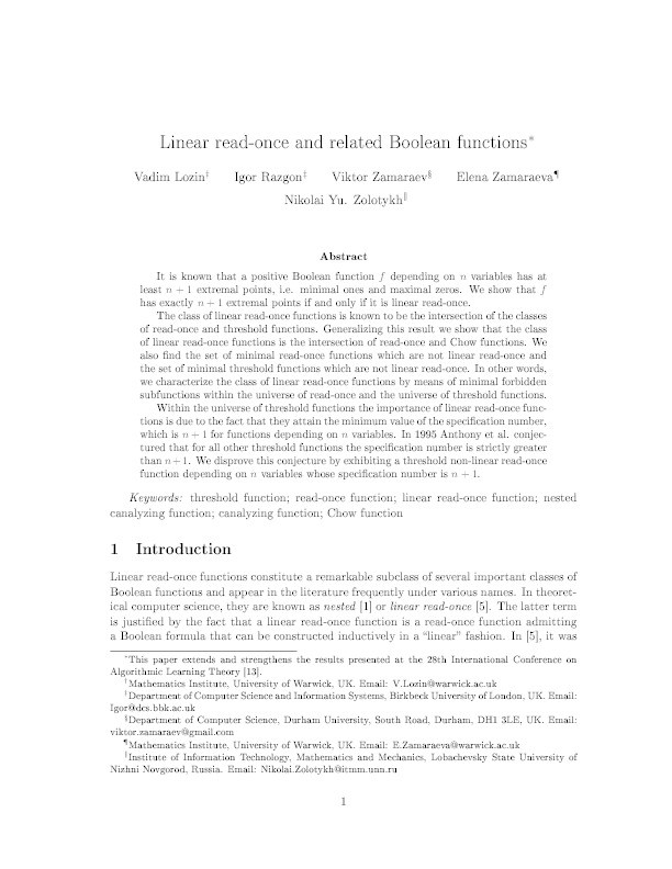 Linear read-once and related Boolean functions Thumbnail