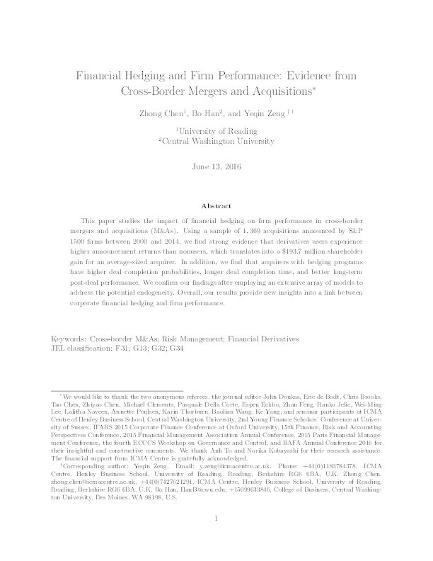 Financial Hedging and Firm Performance: Evidence from Cross-border Mergers and Acquisitions Thumbnail