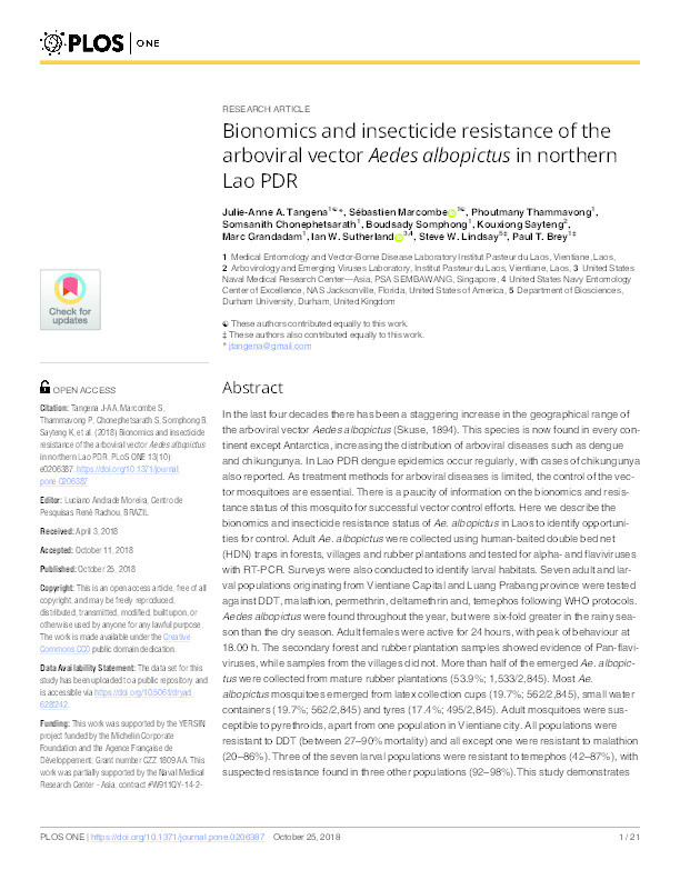 Bionomics and insecticide resistance of the arboviral vector Aedes albopictus in northern Lao PDR Thumbnail