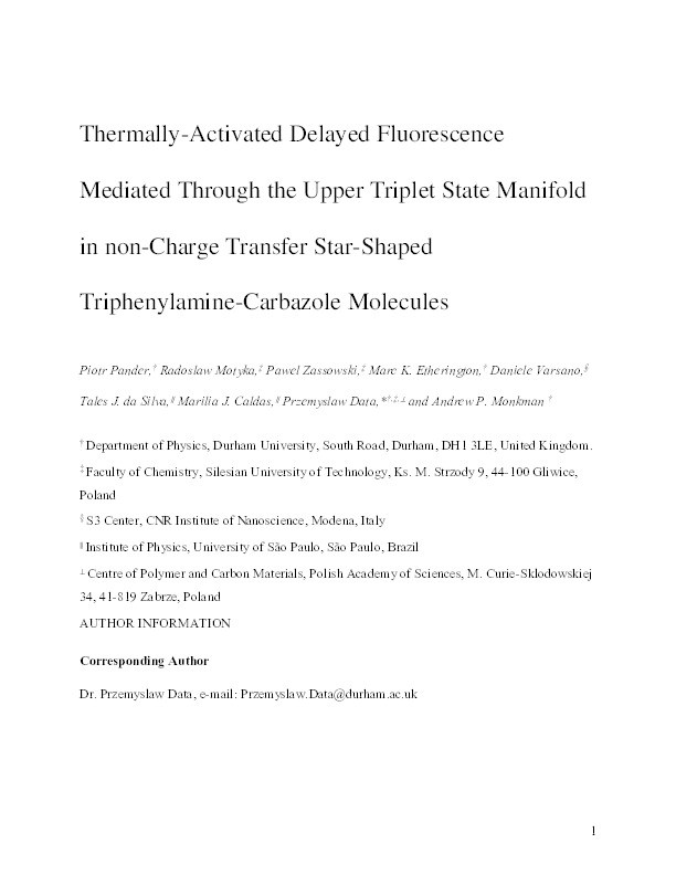 Thermally Activated Delayed Fluorescence Mediated through the Upper Triplet State Manifold in Non-Charge-Transfer Star-Shaped Triphenylamine–Carbazole Molecules Thumbnail